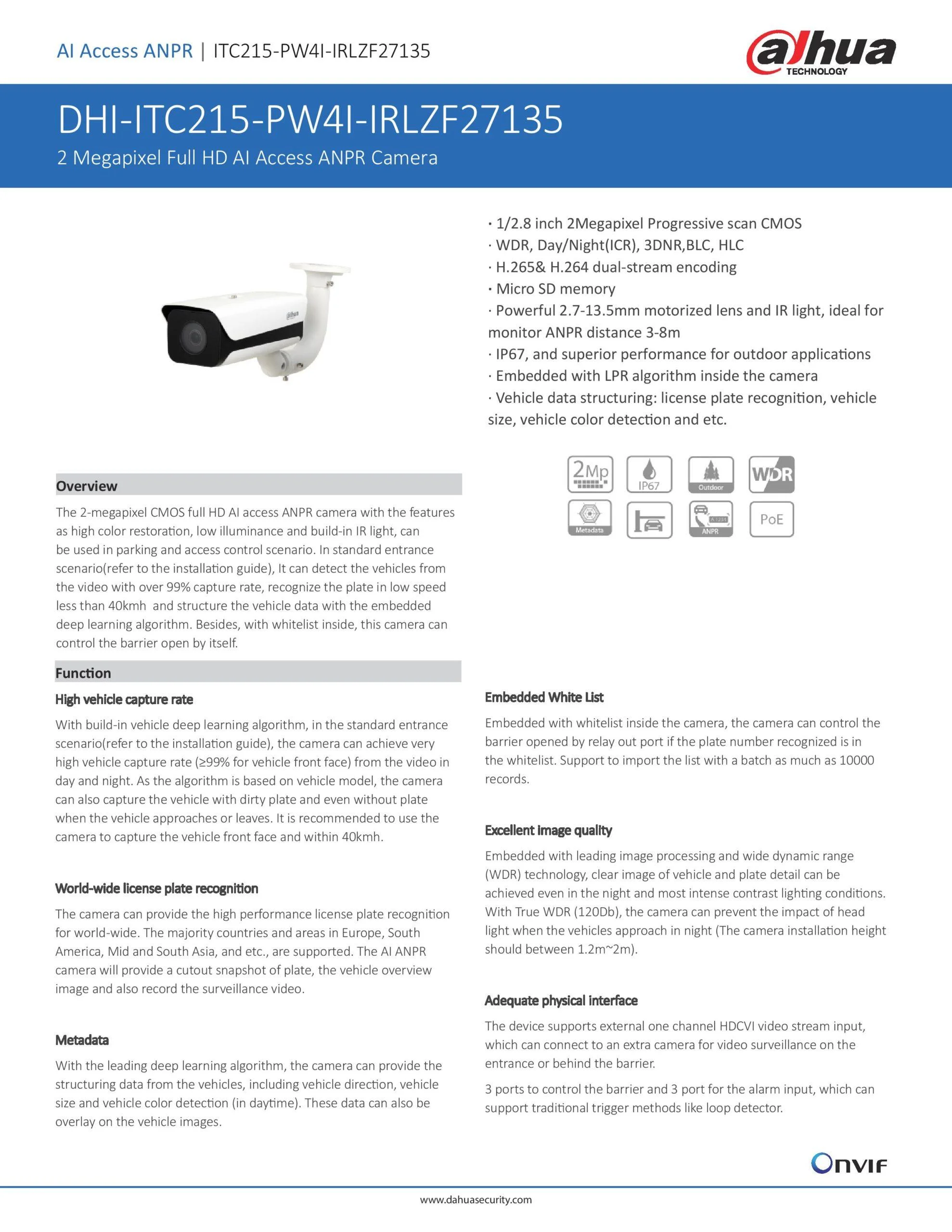 DAHUA ANPR Camera DHI-ITC215-PW4I-IRLZF27135 Embedded with LPR algorithm Motorized lens ANPR 3-8meter Vehicle License Plate Recognition Vehicle size color detection 2MP Full HD AI Access