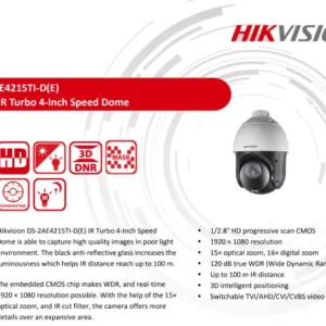 HIKVISION PAN TILT-ZOOM CAMERA DS-2AE4215TI-D 2MP 15X Motorize-Zoom IR-100meter Analog Speed Dome Outdoor IP66 Surge Protected CCTV Camera Repair Replace