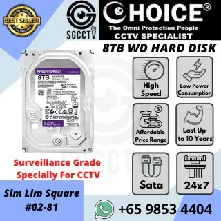 WESTERN DIGITAL SURVEILLANCE WD84PURZ HARD DISK 8TB PURPLE Long Storage 6 months Low Power Consumption 4.6W Longer Lifespan for Security System CCTV Storage