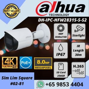 CCTV CAMERA DAHUA DH-IPC-HFW2831S-S-S2 4K 8MP IP-POE STARLIGHT SMART-IR WEATHERPROOF IP67 Bullet Camera