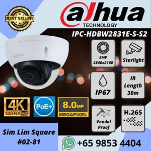 CCTV CAMERA DAHUA IPC-HDBW2831E-S-S2 4K 8MP IP-POE Starlight Smart-IR Weatherproof IP67 Dome Camera
