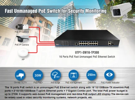 UTEPO Switch PoE-Plus UTP1-SW16-TP300 16-Ports Power Over Ethernet Switch 16 Channel Server Switch Office Company Store Server Switch Repair Replace POE Switch