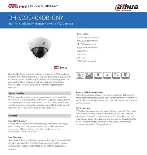 DAHUA CCTV Pan-Tilt-Zoom SD22404DB-GNY 4MP 4X Optical PTZ POE IP66 Starlight Face Detect Night Vision SD Card Hospital School Banks Office DMSS Smart PSS