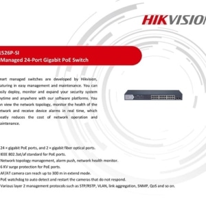 HIKVISION 24-Port Gigabit Switch DS-3E1526P-SI SMART POE SWITCH 24+2 Fiber Optical PoE Watchdog Detect Restart Camera Long Range 300m Surge Protected 6KV