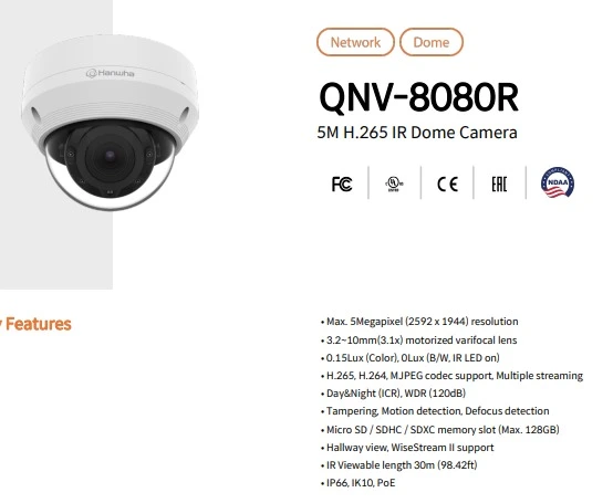 WISENET HANWHA DOME CAMERA QNV-8080R 5MP H.265 POE 3.2~10mm motorized lens IP66 Samsung Military Sensitive Office Home Mall Government Agency CCTV Camera NVR