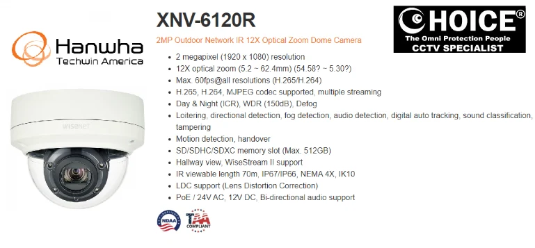 WISENET HANWHA DOME CAMERA XNV-6120R 2MP 12X Zoom H.265 POE IP67 Samsung Korea Military Office Security system supplier Security system installation service