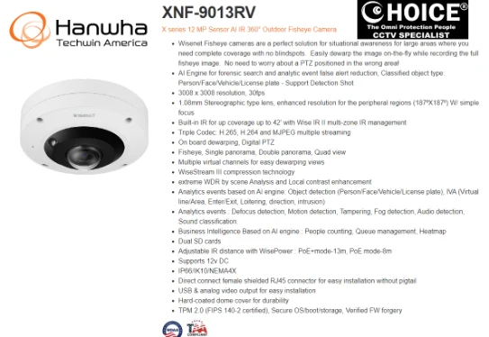 WISENET HANWHA FISHEYE AI CAMERA XNF-9013RV 12MP 360° H.265 POE IP66 Samsung Korea Military Office Security system supplier Security system installation service