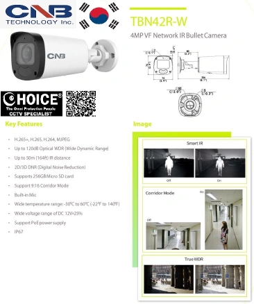 CNB KOREA 4MP MFZ IR BULLET CAMERA TBN42R-W Weatherproof Remote Access Onvif Compliance Power over Ethernet (PoE) SGCCTV SECURITY PACKAGE CCTV Camera Installation Singapore