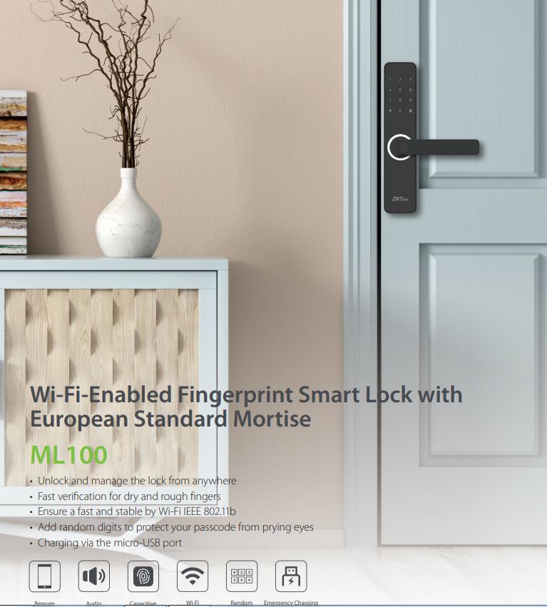 ZKTECO WIFI FINGERPRINT SMART LOCK MORTISE ML100 Fingerprint Recognition Keypad Access Mechanical Key Backup User Management Battery Operated SGCCTV SECURITY PACKAGE CCTV Camera Installation Singapore