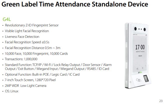 ZKTECO Label Time Attendance Standalone Device G4L Biometric Identification RFID Card Reader Color Display Communication Options Storage Capacity Verification Modes 