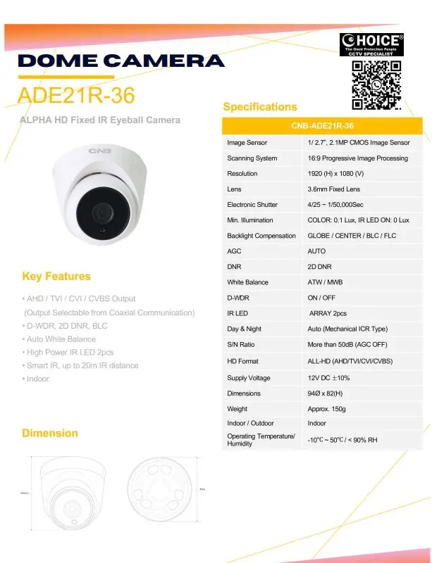 CNB KOREA IR EYEBALL DOME CAMERA ADE21R-36 Infrared Illumination High-Resolution Imaging Day/Night Functionality Weatherproof Design SGCCTV SECURITY PACKAGE CCTV Camera Installation Singapore