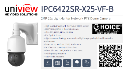 UNV IP CAMERA PTZ IPC6422SR-X25-VF Uniview Pan-Tilt-Zoom 25x Light-hunter 2MP H.265 IP67 CCTV Camera Installation Repair Replace