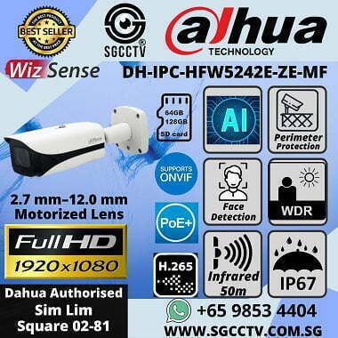 Dahua AI Camera IPC HFW5242E ZE MF Weatherproof IP67 Onvif POE Facial Recognition Human Detection Tripwire Intrusion People Counting H.265 WDR IR 50m CCTV Singapore CCTV Camera Singapore