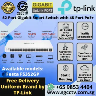 TP-Link VIGI NVR2016H-16P 16CH NVR with 16 PoE ports H.265+ 4K output AI smart detection Repair & Replace Singapore YC 6 TP-LINK 52-Port Gigabit Switch PoE FS352GP Cheapest WIFI Router Access Point High Speed Switch Singapore Router Access Point Repair NEW