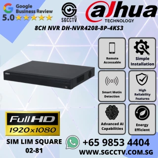 DAHUA Switch DH-CS4010-8ET-110 10-Port Cloud Managed Switch Remote Management Security Enforcement Security System Singapore 8 Dahua DH-NVR4208-8P-4KS3 8CH 4K PoE NVR with H265 plus AI smart detection 12MP full HD cameras Sim Lim Square Singapore
