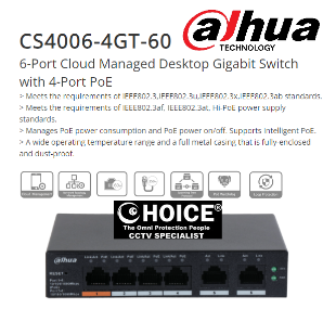 DAHUA SWITCH CCTV CAMERA DH-CS4006-4ET-60 6-Port Cloud 4-Port PoE DAHUA DH-CS4006-4GT-60 6-Port Cloud Gigabit POE Switch