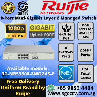 Ruijie 8Port Switch RG-NBS3300-8MG2XS-P Multi-Gigabit 8xPoE+ Ports 2xSFP+ Ports CCTV SWITCH SINGAPORE POE Switch Repair NEW