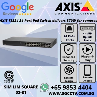 AXIS T8524 24-Port PoE Switch delivers 370W for cameras with SFP uplinks fanless design Axis Device Manager support and secure surveillance-grade performance