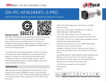 DAHUA Camera 4MP IPC-HFW2449TL-S-PRO VA AI WizColor Bullet WizSense Tripwire Intrusion Fast Moving Parking Loitering Detection