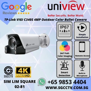 TP-Link VIGI C340S 4MP Outdoor Full-Color Bullet Camera with ColorPro Vision, Smart Detection, IP67, Built-In Mic, and H.265+. Repair & Replace in Singapore.