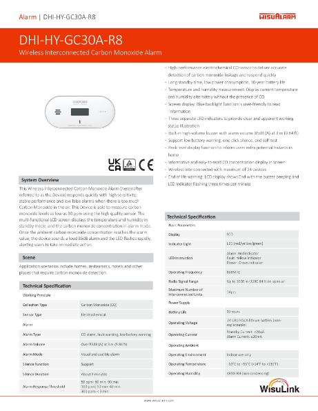 DAHUA DHI-HY-GC30A-R8 CHEMICAL SENSOR ALARM datasheet Carbon Monoxide Leakage 10-year battery life Electro Chemical CO Sensor