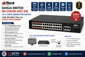 DAHUA SWITCH DH-CS4228-24GT-240 24+4-Ports GIGABIT POE CCTV Camera Long Distance 250m POE Power Over Ethernet Singapore