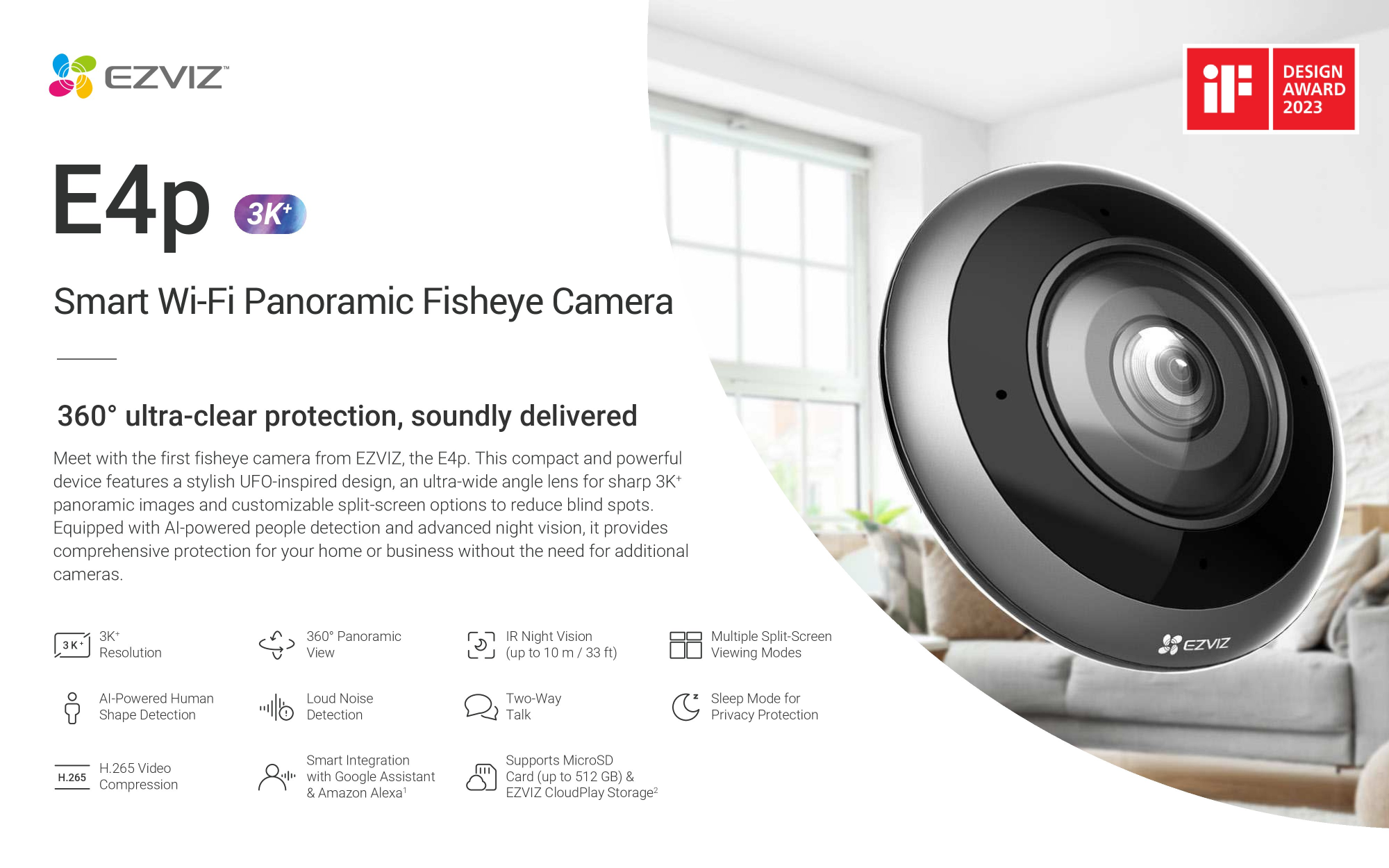 EZVIZ E4P+ 6MP Smart WiFi Panoramic Fisheye Camera 360° Ultra Wide Smart Surveillance