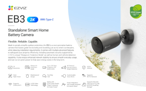 EZVIZ EB3 AOV Version 3MP Standalone Smart Home Battery Camera Always On Protection, Day & Night