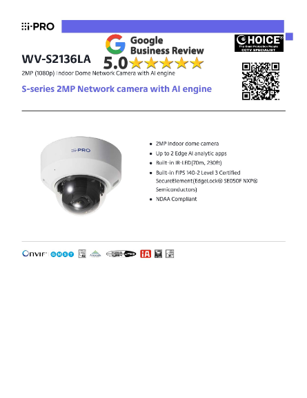 IPRO PANASONIC WV-S2136LA 2MP Dome POE Camera AI engine AI Sound Yell Horn Glass Break NDAA compliant iPro CCTV Singapore