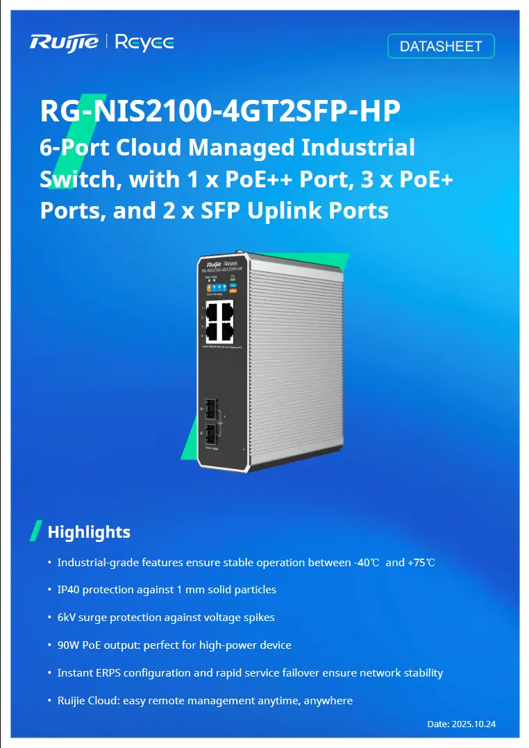 Ruijie RG-NIS2100-4GT2SFP-HP 6-Port Cloud Managed Industrial Switch – High-Performance, Reliable Networking for Industrial Environments NEW JJ 1 Ruijie RG-NIS2100-4GT2SFP-HP 6-Port Cloud Managed Industrial Switch – High-Performance, Reliable Networking for Industrial Environments