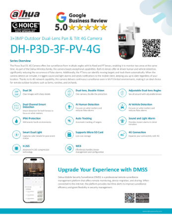 DAHUA P3D-3F-PV-4G Dual Lens 4G Sim Card Security Camera Picoo Dual D1 Solar CCTV Surveillance AI driven Human Vehicle detection
