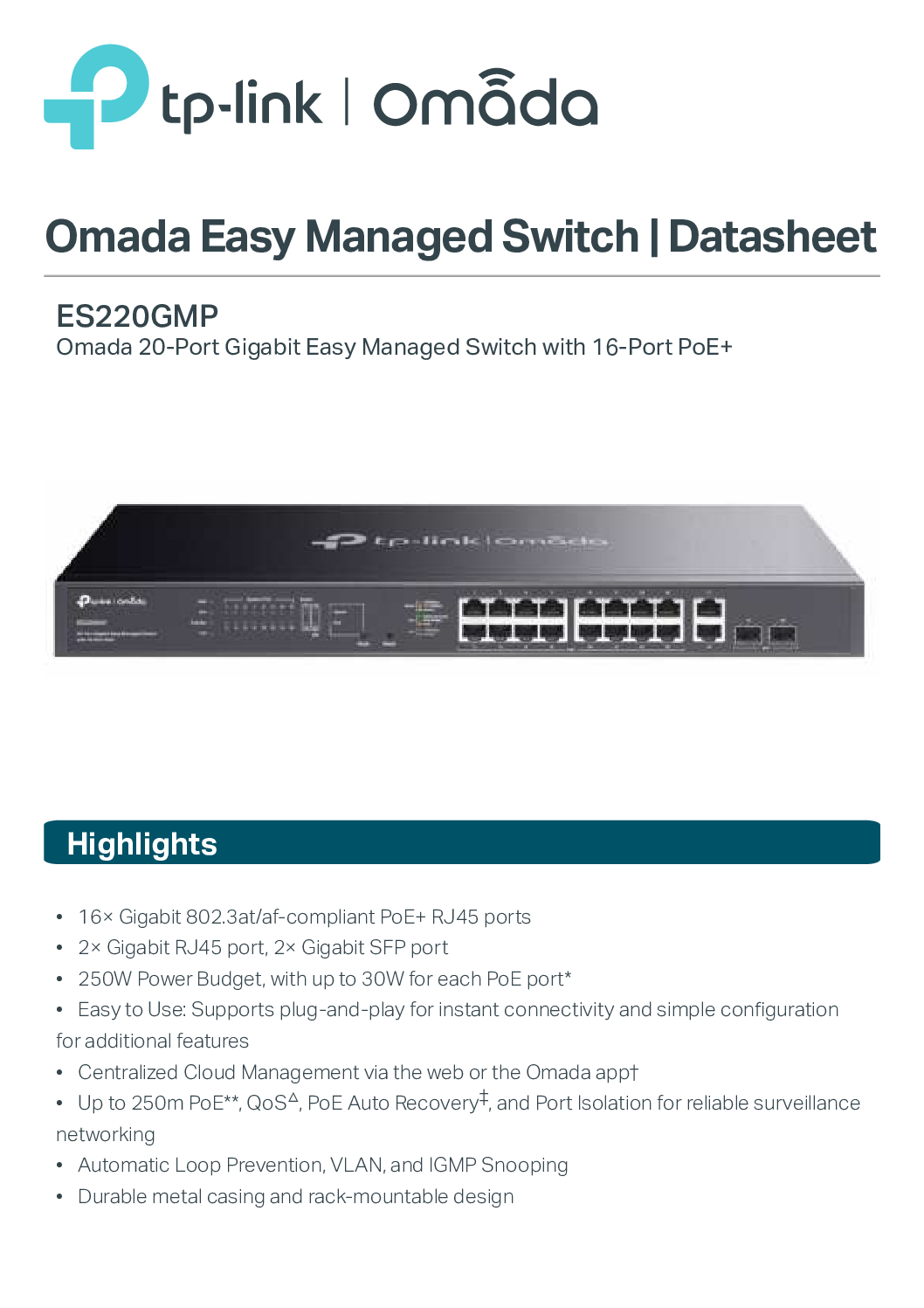 Tp-Link Omada ES220GMP 20-Port Gigabit Easy Managed Switch with 16-Port PoE+ 18× Gigabit RJ45 Ports 2× Gigabit SFP Port NEW DB 2 Tp-Link Omada ES220GMP 20-Port Gigabit Easy Managed Switch with 16-Port PoE+ 18× Gigabit RJ45 Ports 2× Gigabit SFP Port NEW DB - Image 2
