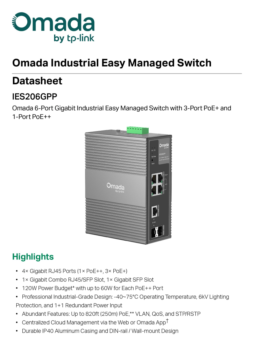Tp-Link Omada ES206GPP 6-Port Gigabit Industrial Easy Managed Switch with 3-Port PoE+ and 1-Port PoE++ 4× Gigabit RJ45 Ports DB 2 Tp-Link Omada ES206GPP 6-Port Gigabit Industrial