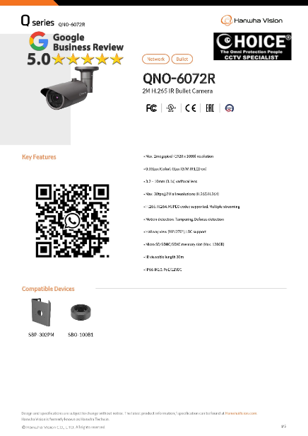 HANWHA TECHWIN WISENET QNO-6072R 2MP BULLET MOTORISED VARIFOCAL LEN Network IR Camera Korea Samsung Security System 1 HANWHA TECHWIN WISENET QNO-6072R 2MP BULLET MOTORISED VARIFOCAL LEN Network IR Camera Korea Samsung Security System