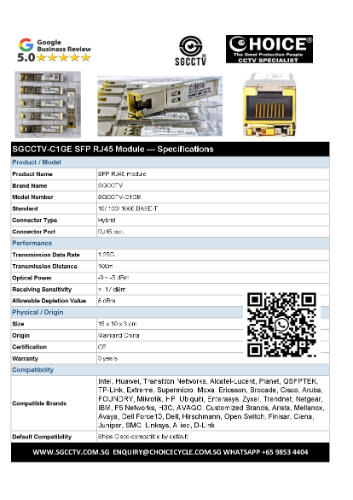 SGCCTV SFP RJ45 Module SGCCTV-C1GE NETWORK SWITCH SFP Module Singapore Networking Components Supplier Fibre SFP Transceiver