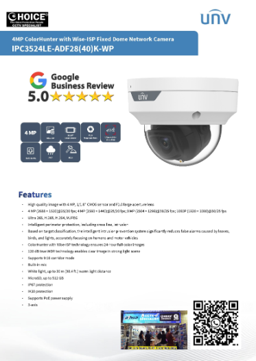 UNV 4MP FULL COLOR Camera IPC3524LE-ADF28-40-K-WP POE 24 hours Colour ColorHunter Night Vision UNIVIEW CCTV Singapore